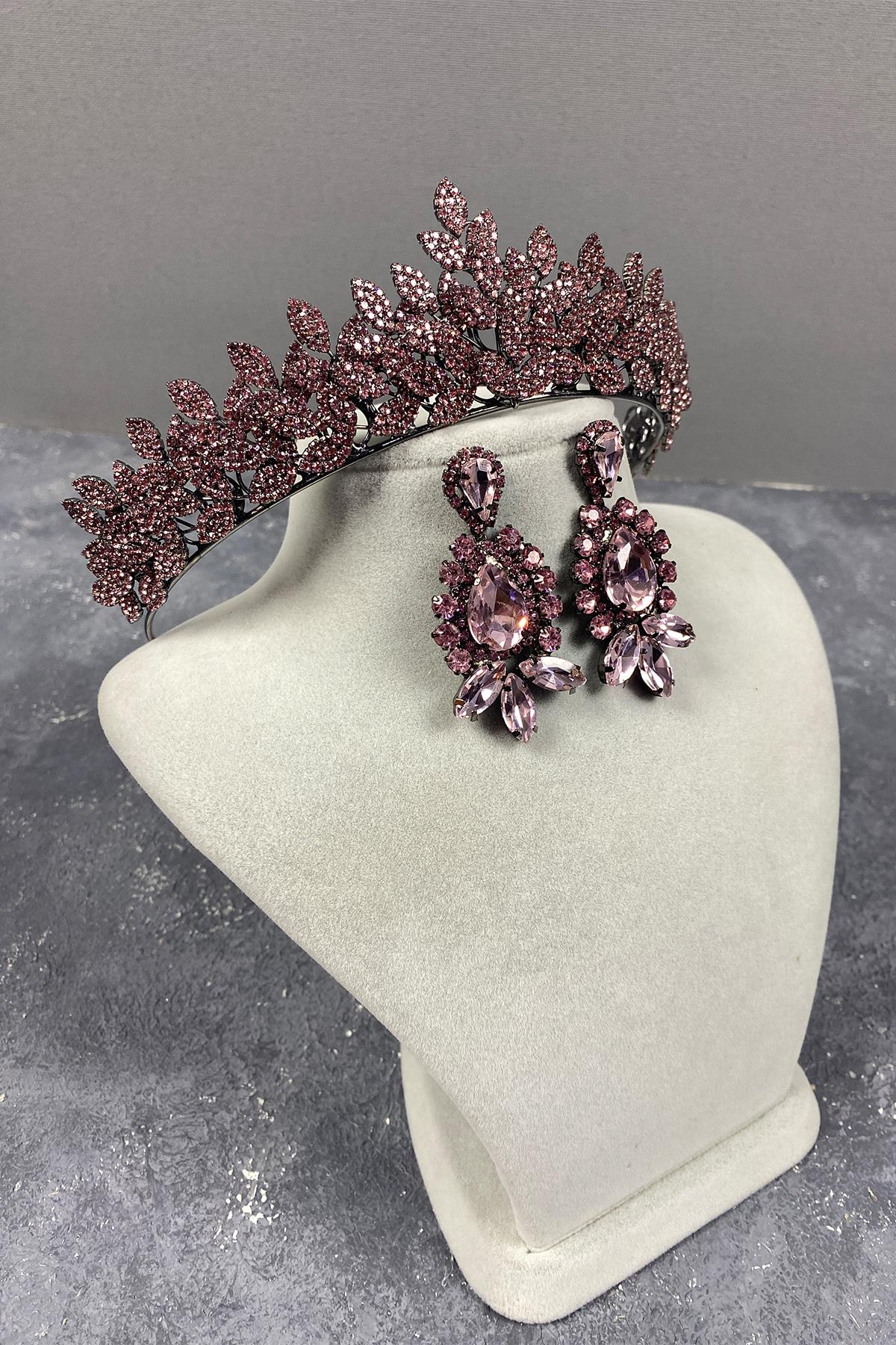 Pink Sara Bridal Henna Tiara and Earring with Dense Stones