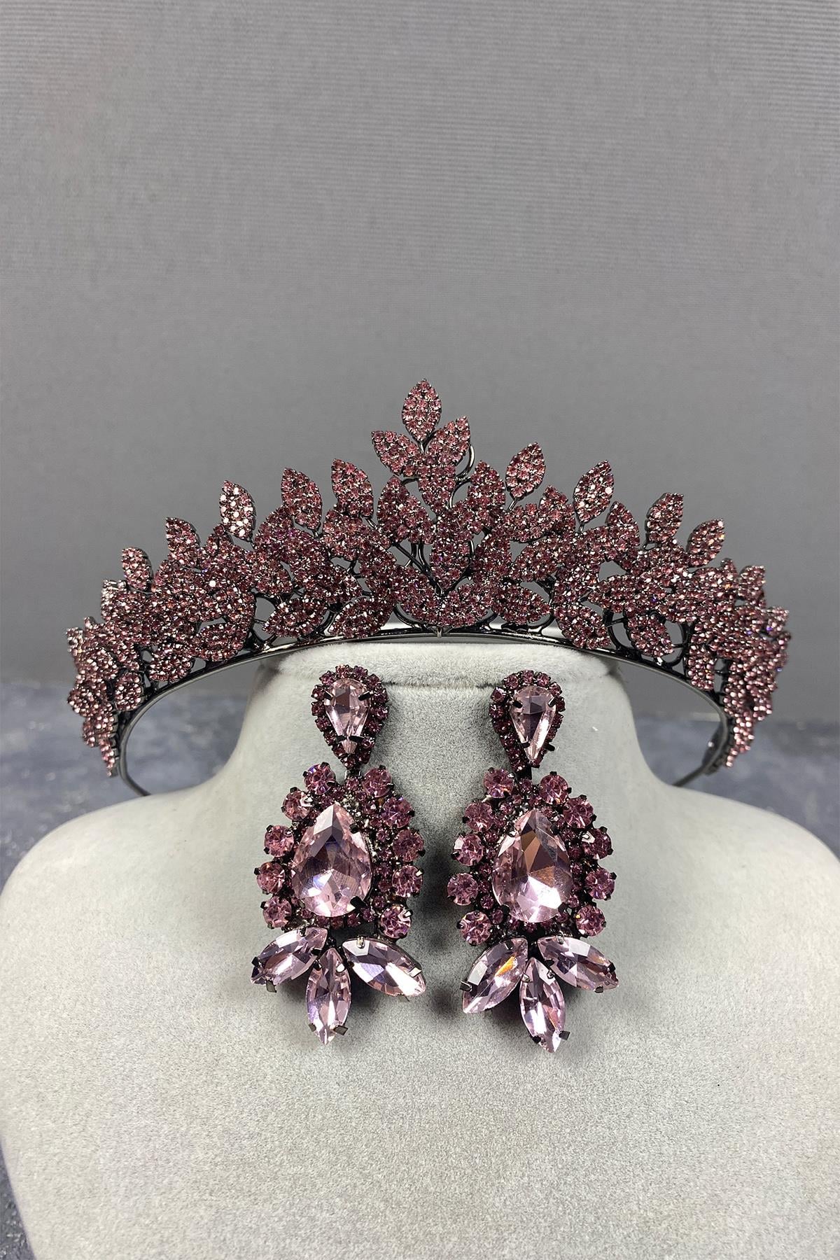 Pink Sara Bridal Henna Tiara and Earring with Dense Stones