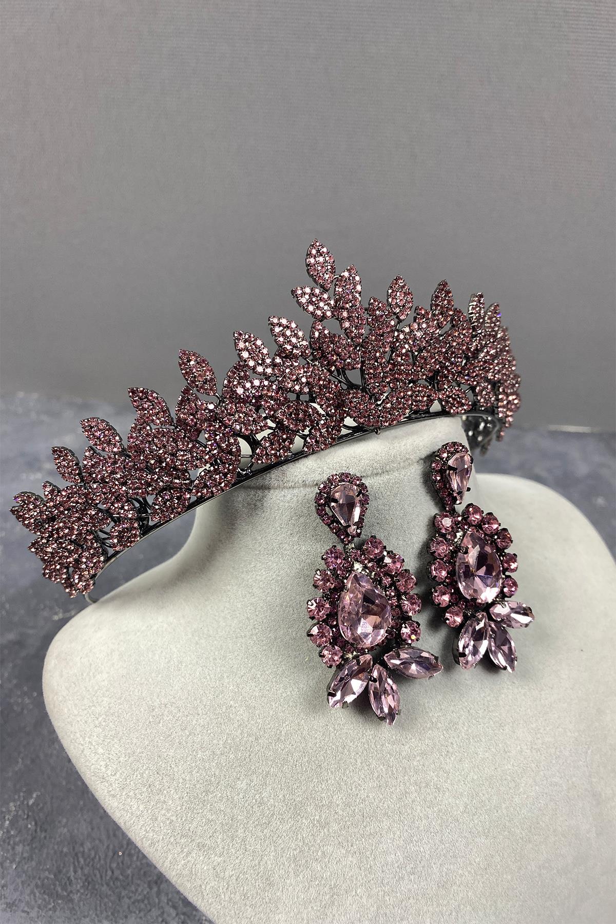 Pink Sara Bridal Henna Tiara and Earring with Dense Stones