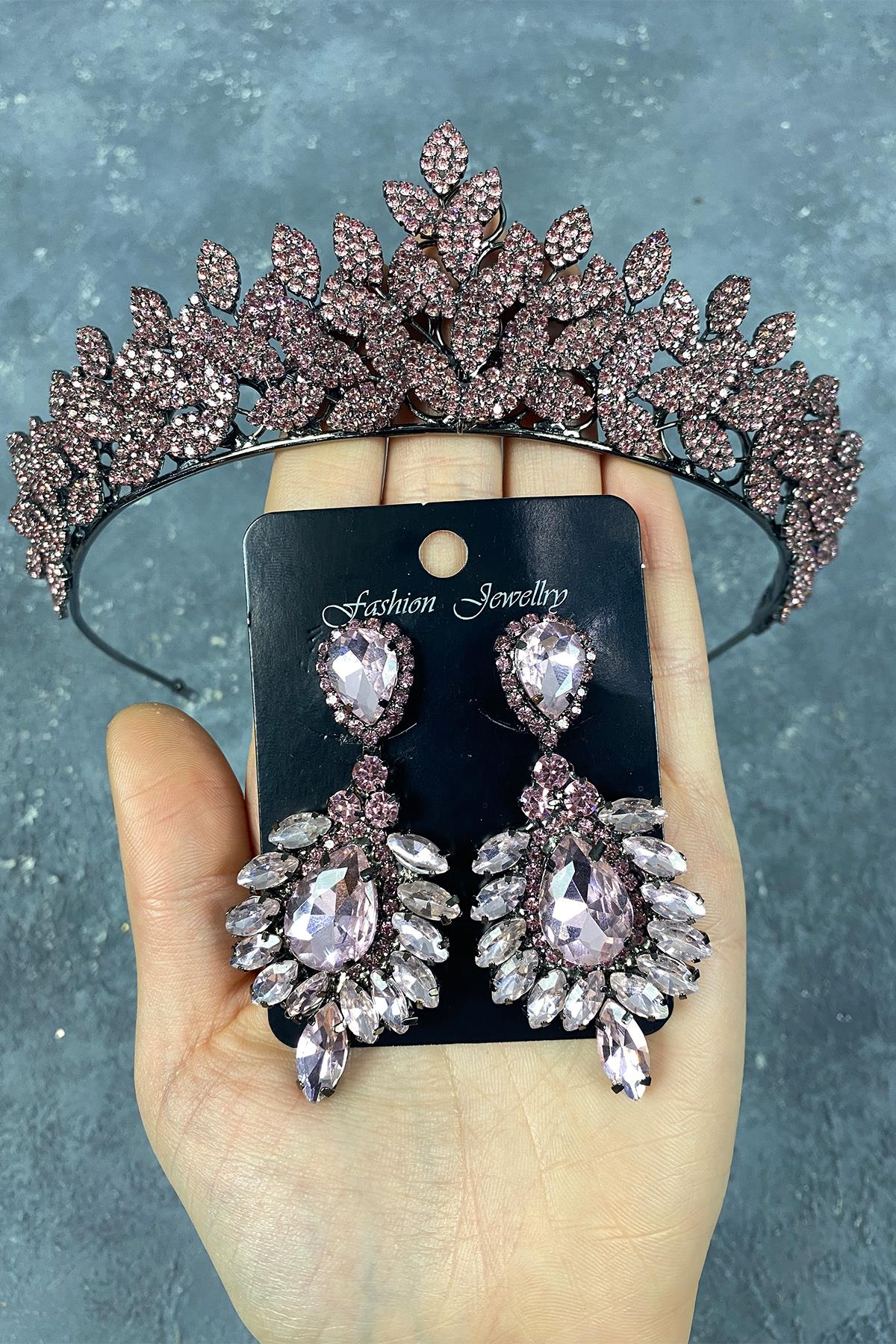 Pink Sara Dense Stone Bridal Henna Tiara and Earring Set