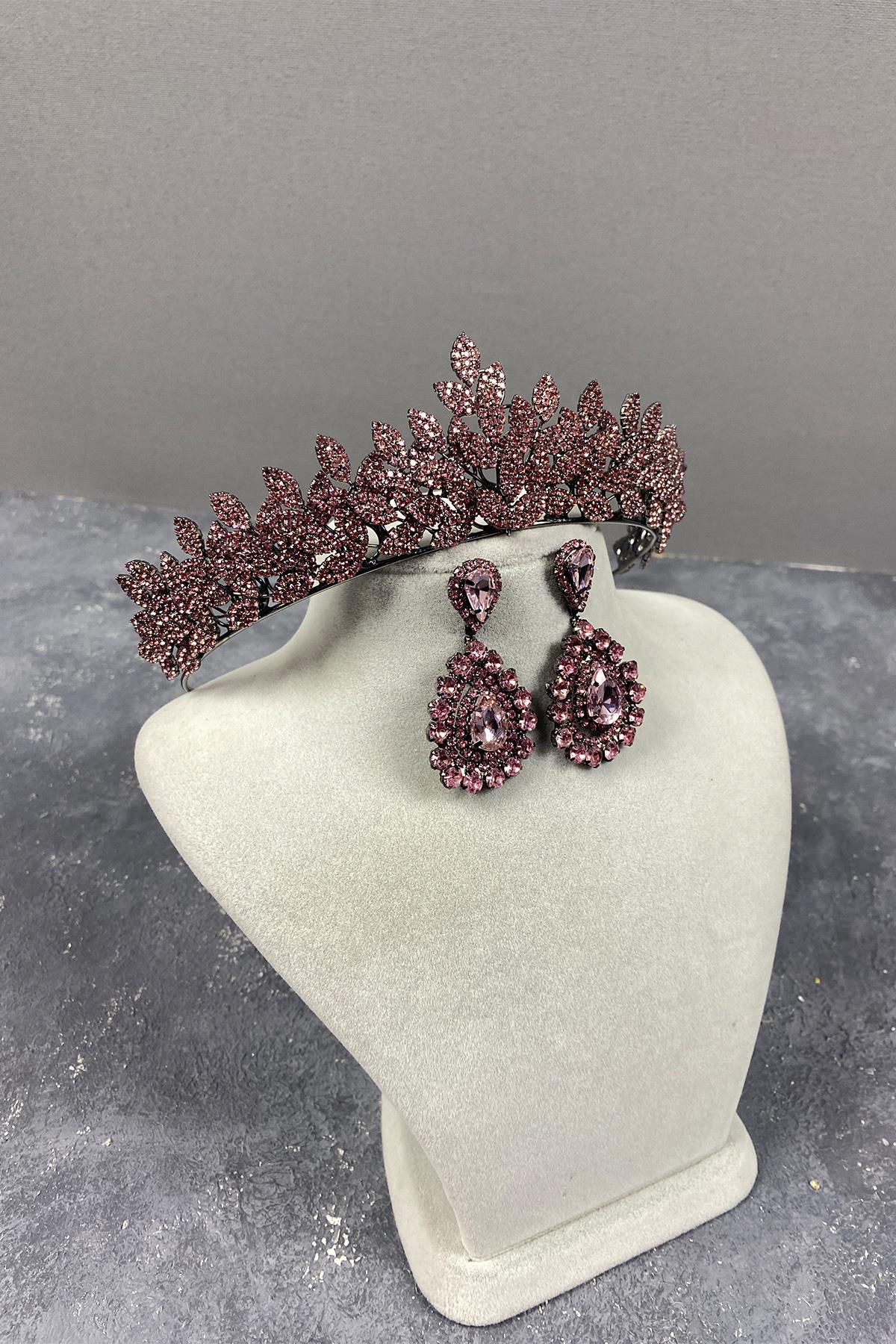 Pink Sara Dense Stone Bridal Henna Tiara and Drop Stone Earring