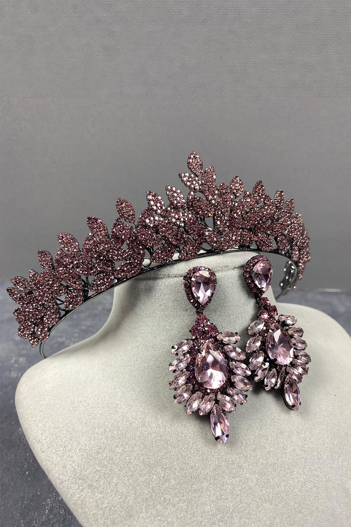 Pink Sara Dense Stone Bridal Henna Tiara and Earring Set