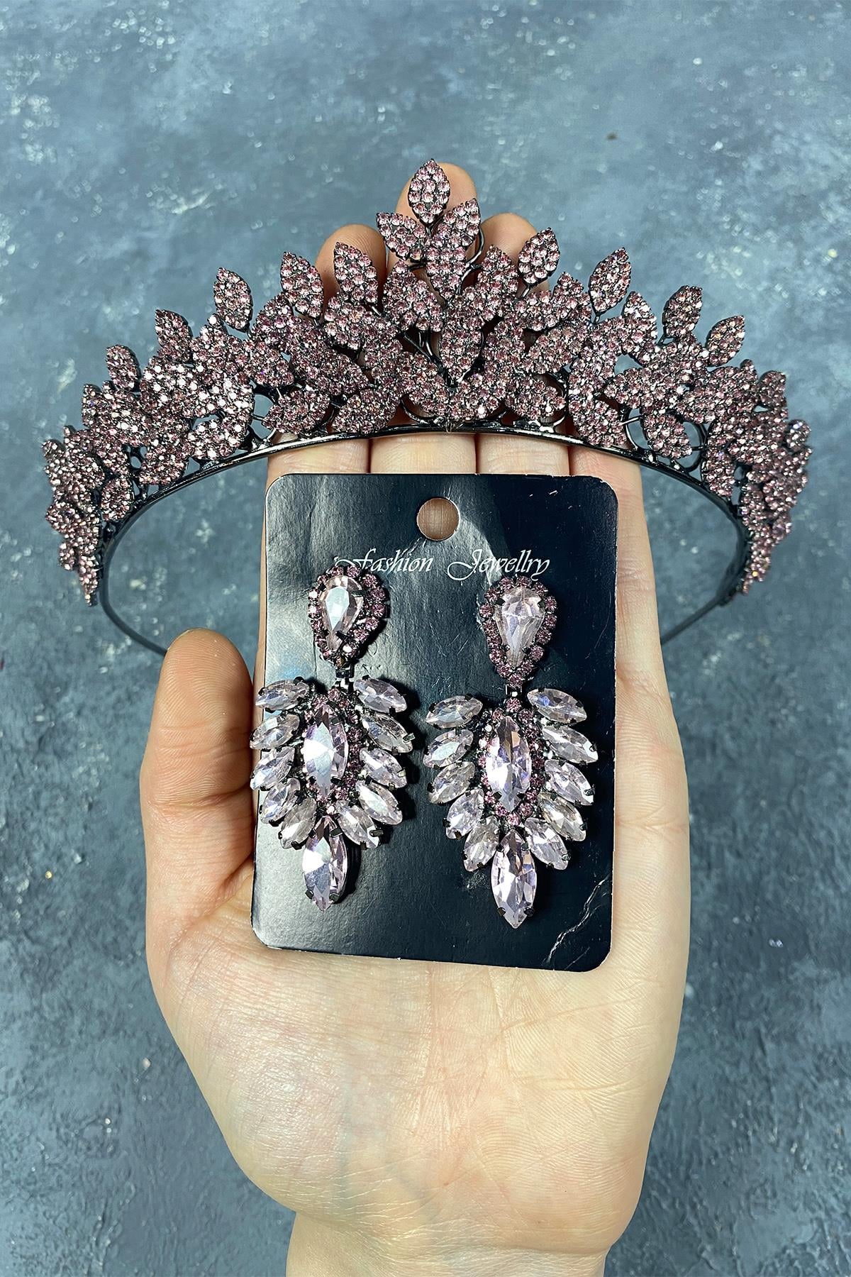 Pink Sara Dense Stone Bridal Henna Tiara and Stud Earrings Set