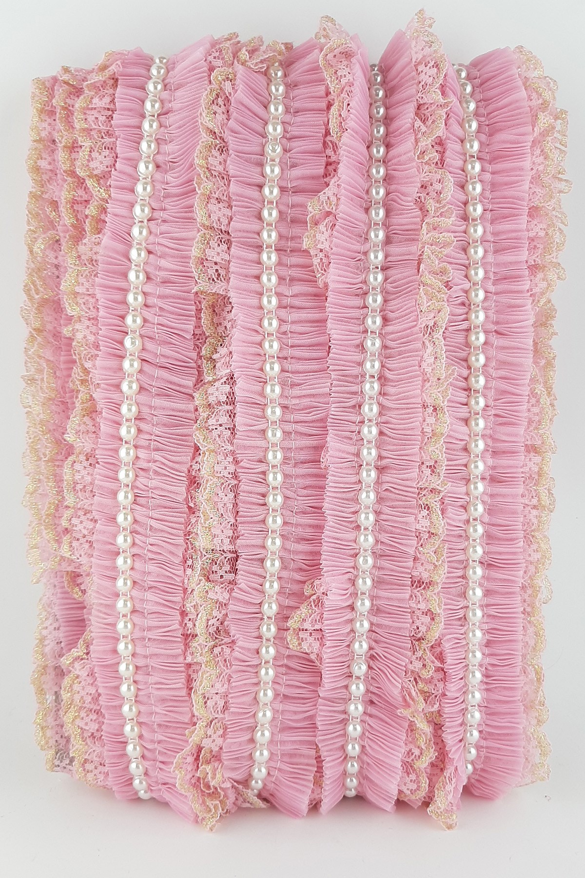 Pembe Sarı İncili Sim Dantel Plise Fırfır