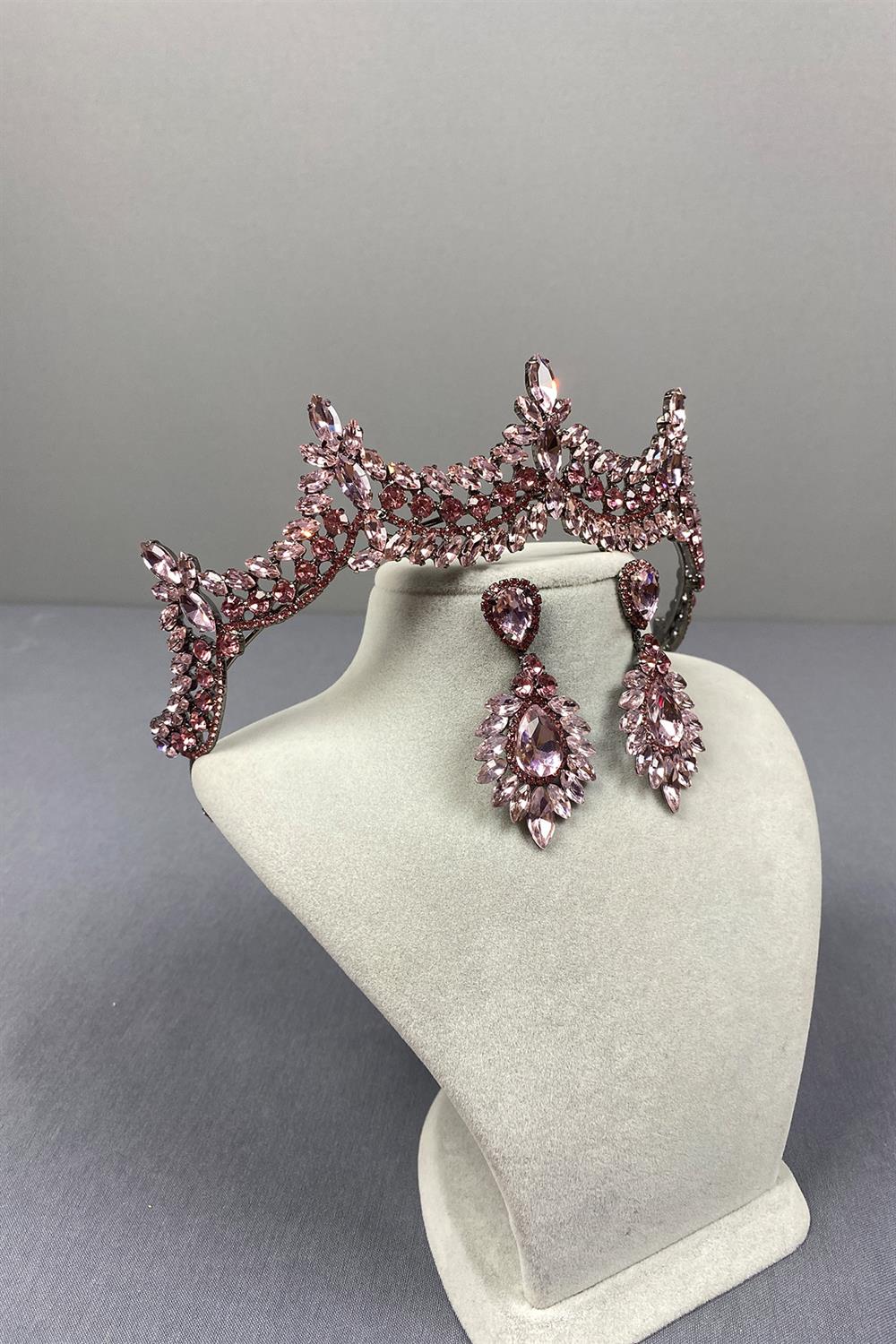 Pink Venetian Stone Bridal Henna Crown and Shuttle Earring Set