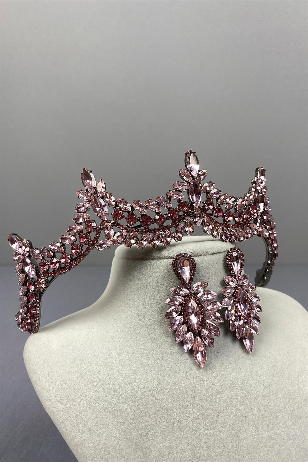 Pink Venetian Stone Bridal Henna Crown and Thin Shuttle Earring Set