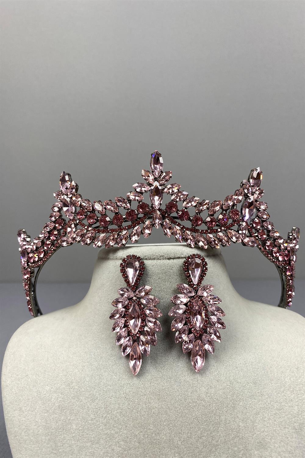 Pink Venetian Stone Bridal Henna Crown and Thin Shuttle Earring Set