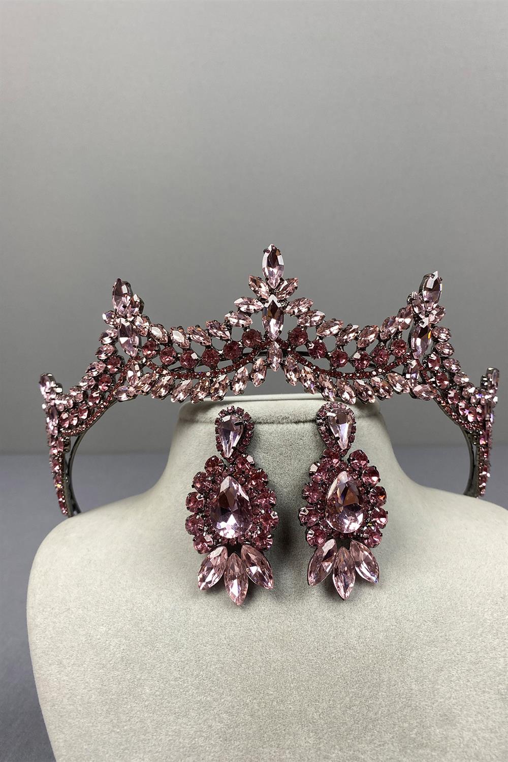 Pink Venetian Stone Bridal Henna Crown and Shuttle Earring Set