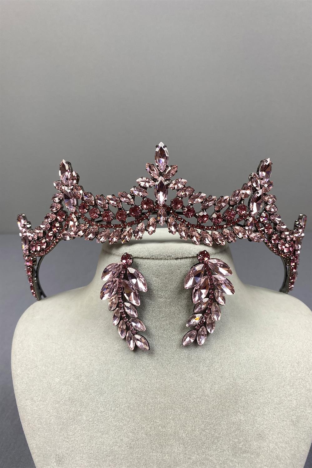Pink Venetian Stone Bridal Henna Crown and Fine Leaf Earring Set