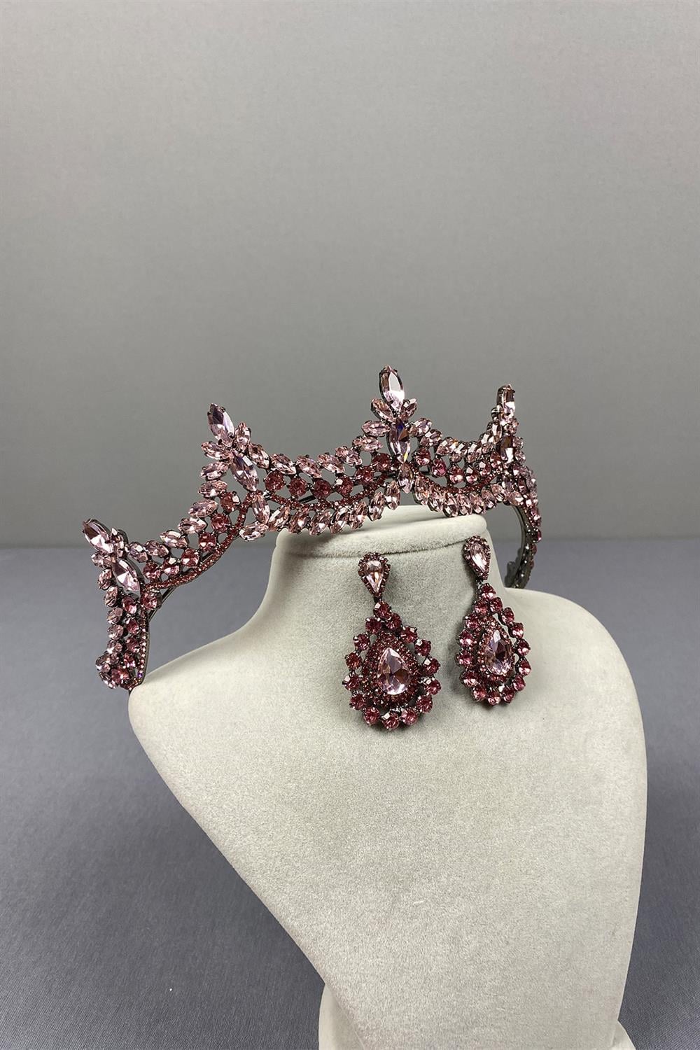Pink Venetian Stone Bridal Henna Crown and Drop Earring Set