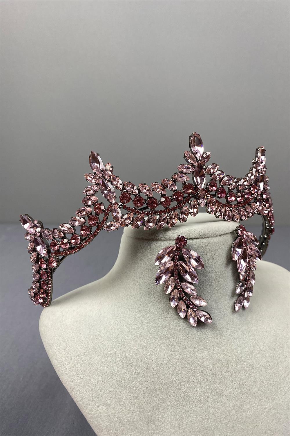 Pink Venetian Stone Bridal Henna Crown and Fine Leaf Earring Set
