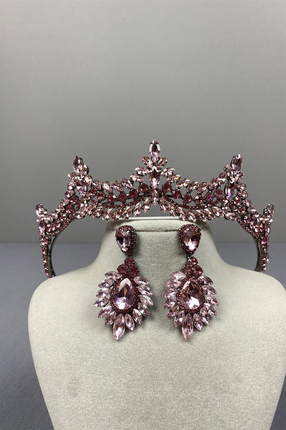 Pink Venetian Stone Bridal Henna Crown and Shuttle Earring Set