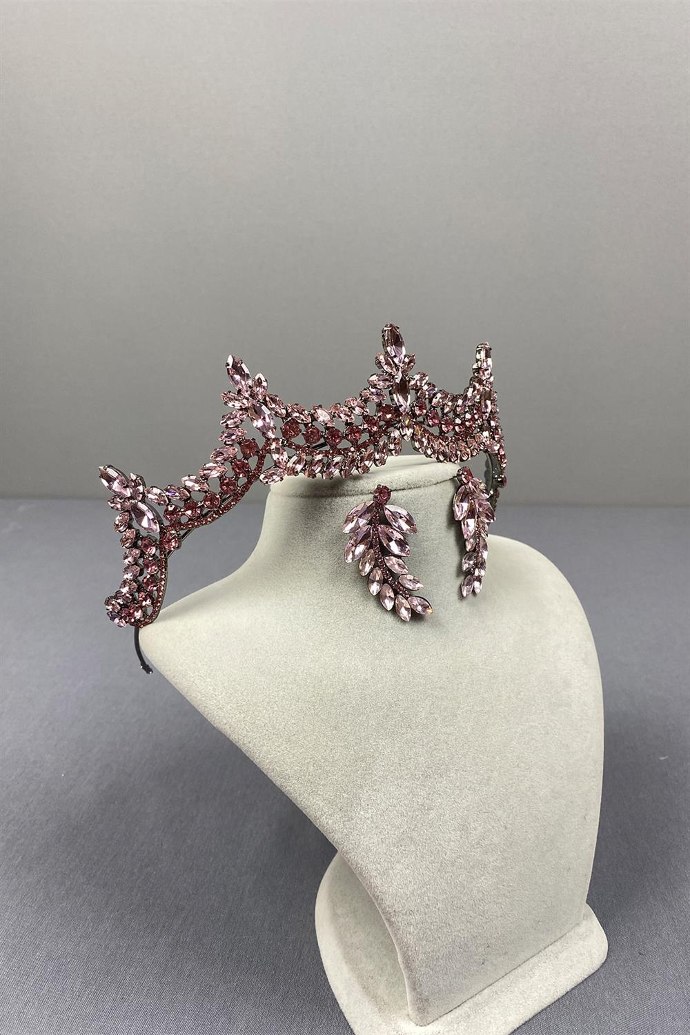Pink Venetian Stone Bridal Henna Crown and Fine Leaf Earring Set