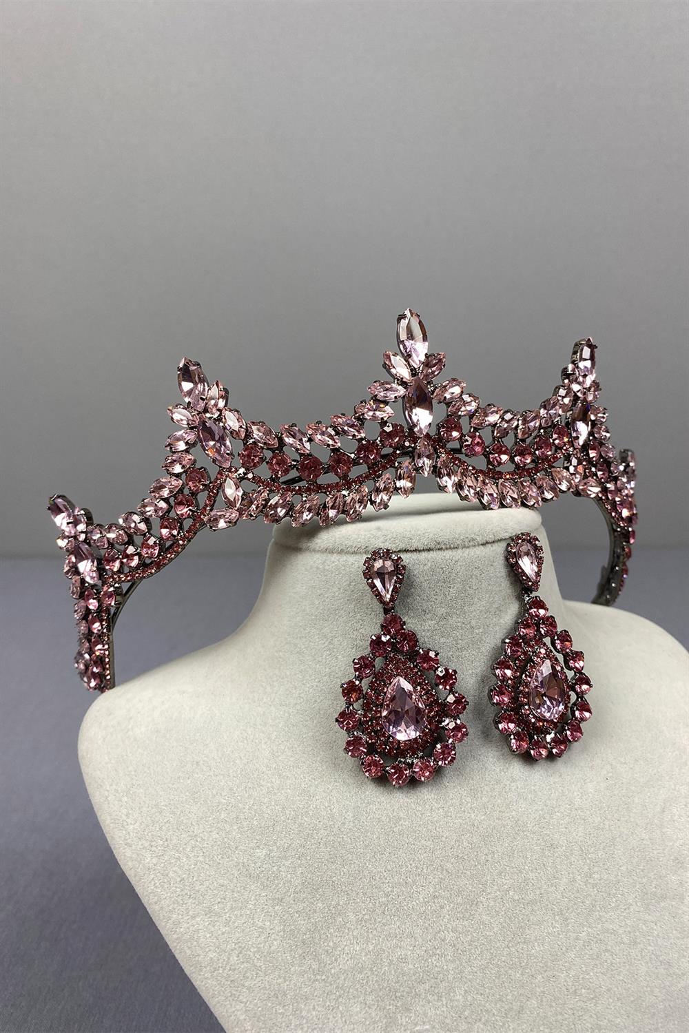 Pink Venetian Stone Bridal Henna Crown and Drop Earring Set