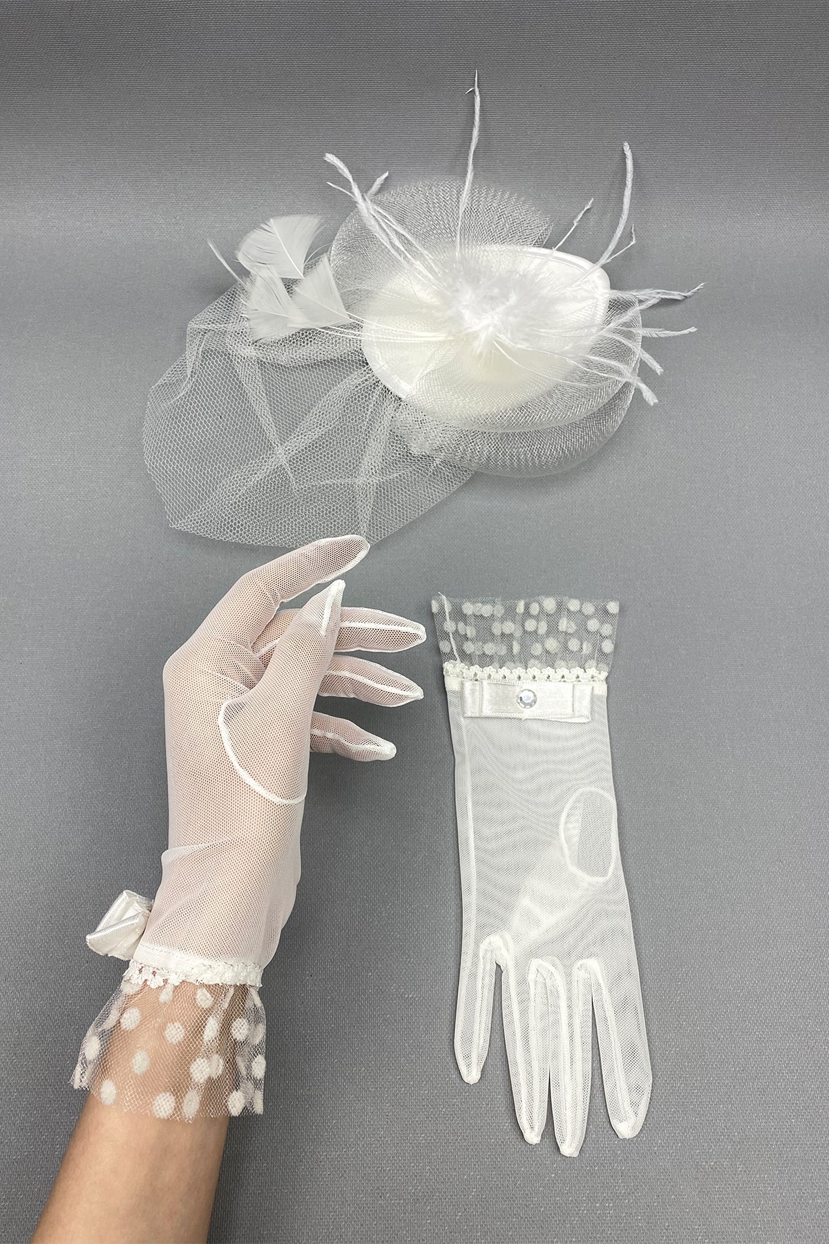 Polka Dot Bridal Gloves and Wedding Hat Face Veils
