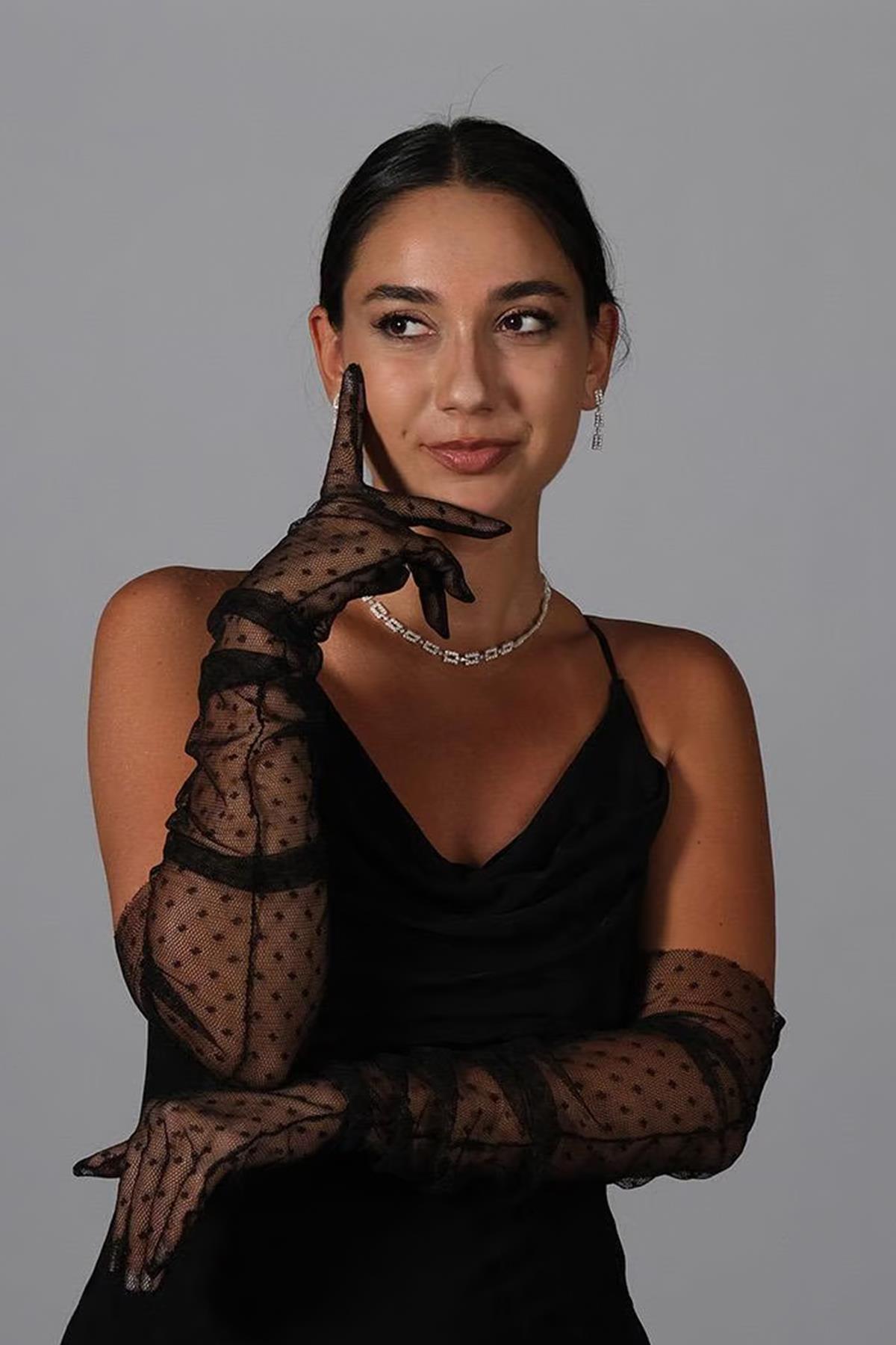 Toptan Puantiyeli Uzun Parti Kostüm Gelin Tül Eldiveni