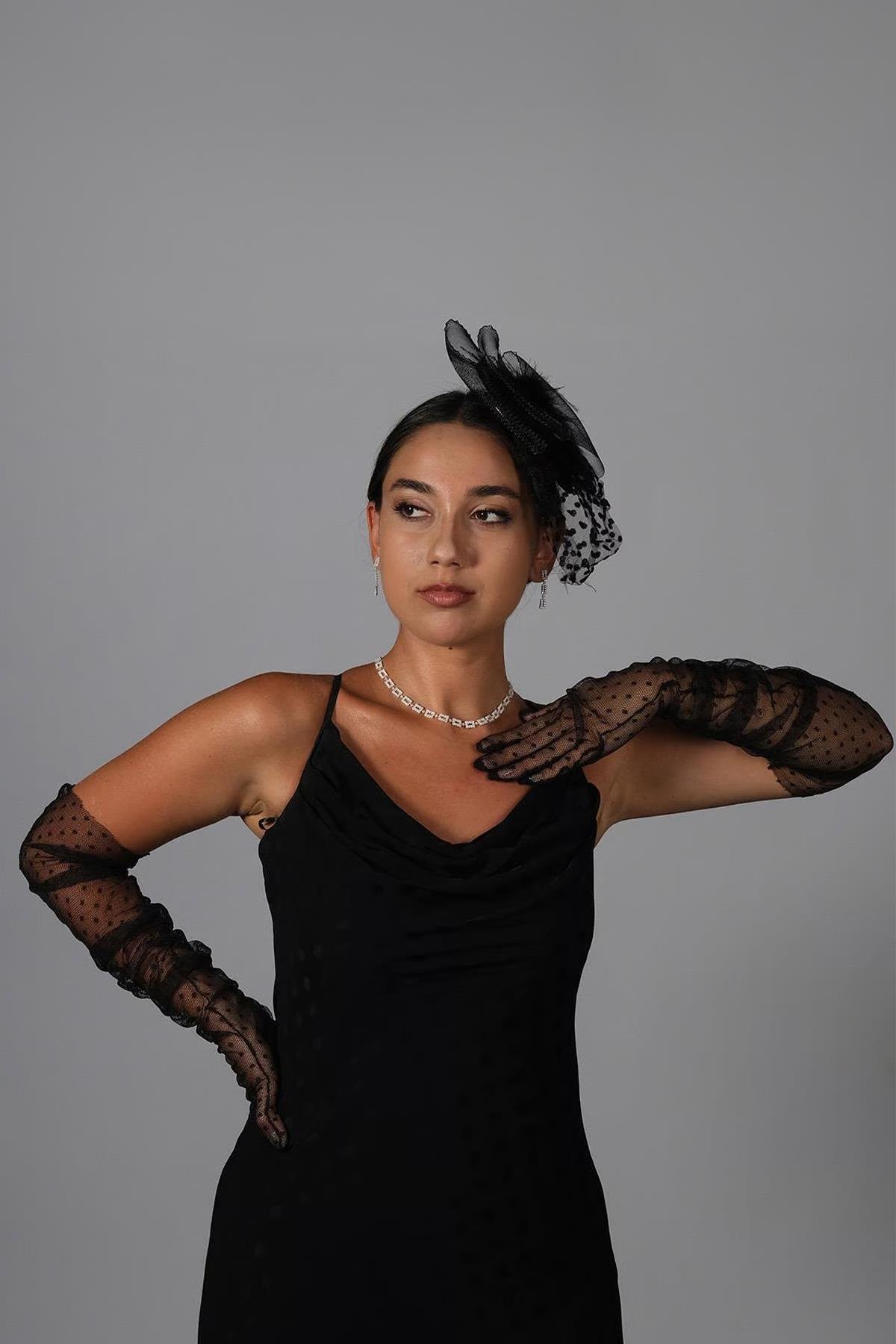 Toptan Puantiyeli Uzun Parti Kostüm Tül Eldiveni Ve Vualet Şapka Set