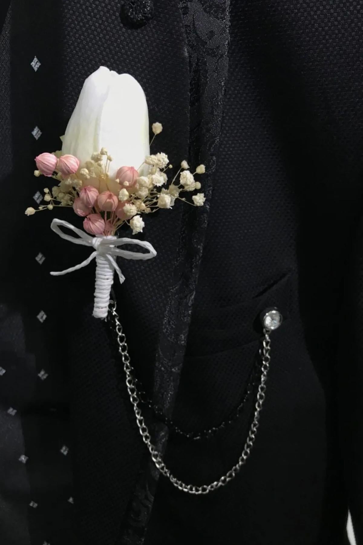 Pudra Cipsolu Tek Lale Yaka Çiçeği Damat Yaka Çiçeği Sağdıç Yaka Çiçeği 10 Adet