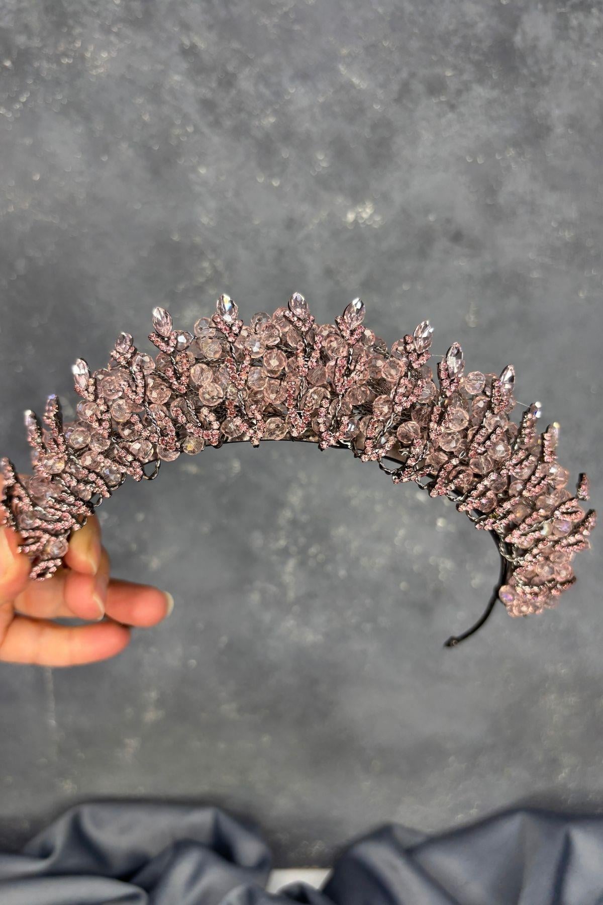 Powder Pink Crystal Bead Embellished Buglem Bridal Tiara