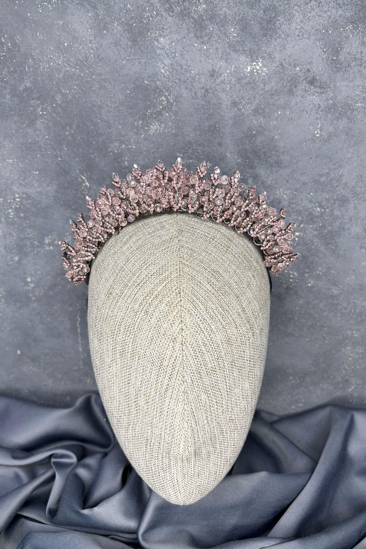 Powder Pink Crystal Bead Embellished Buglem Bridal Tiara