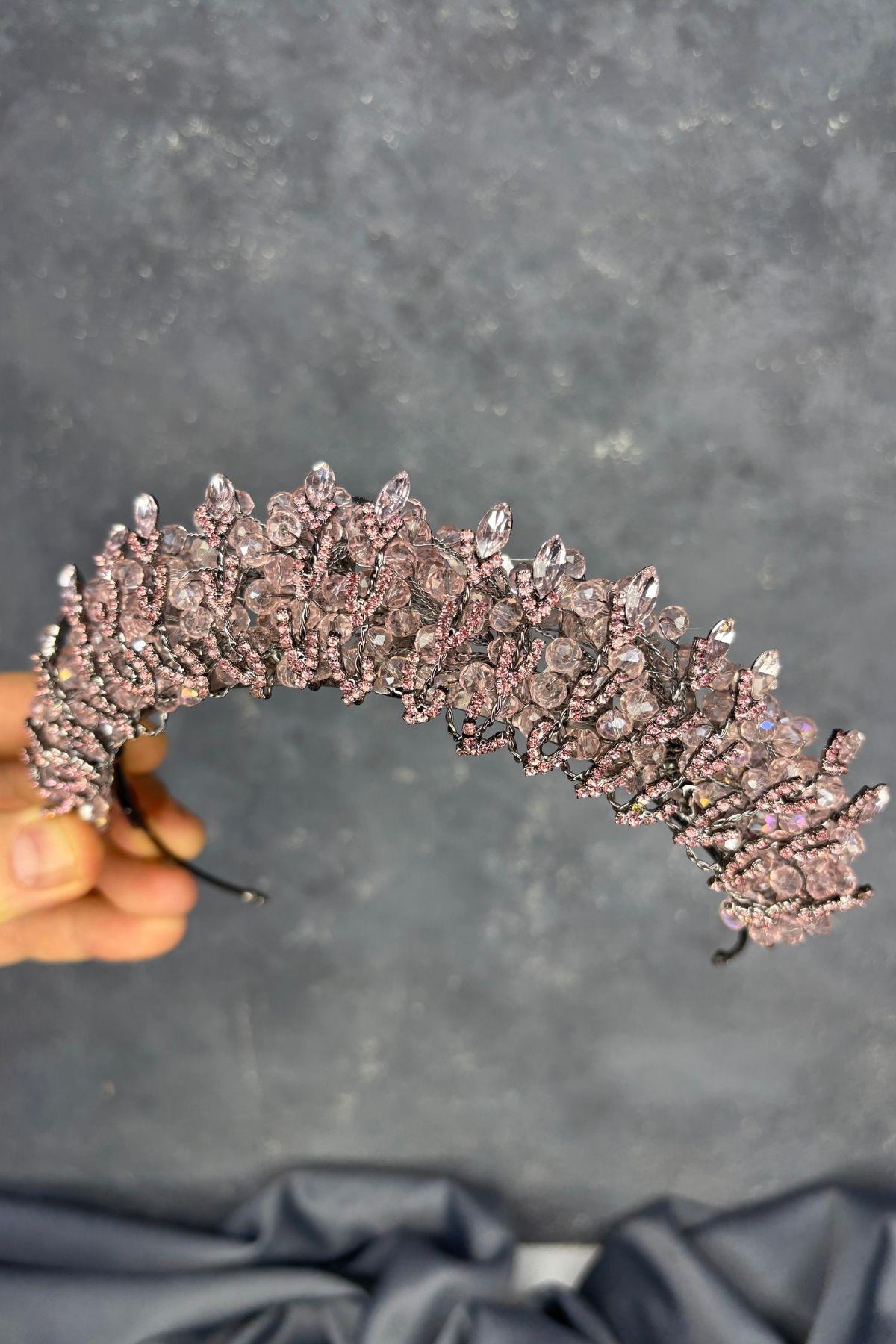 Powder Pink Crystal Bead Embellished Buglem Bridal Tiara
