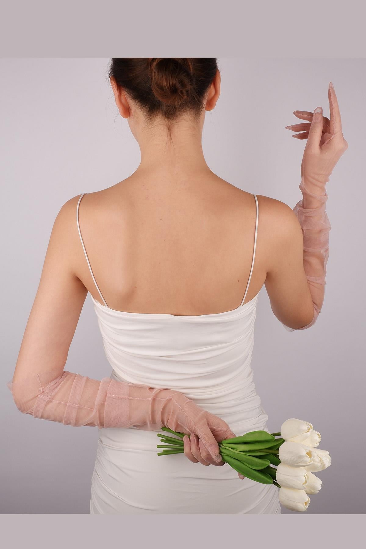 Toptan Pudra Uzun Şık Gelin Eldiveni Tül Eldiven Nikah/Düğün/Parti/Kostüm Eldiveni
