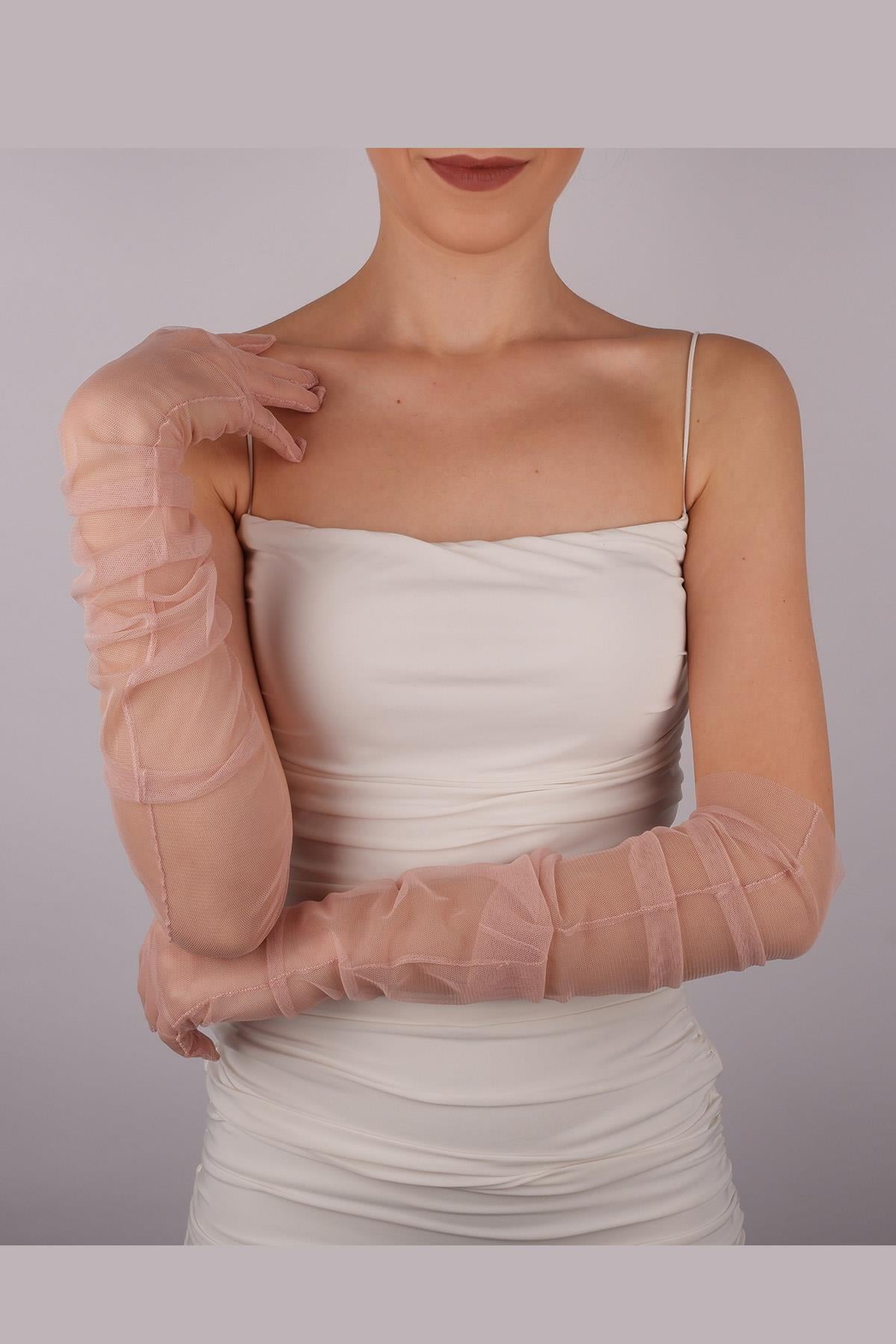 Toptan Pudra Uzun Şık Gelin Eldiveni Tül Eldiven Nikah/Düğün/Parti/Kostüm Eldiveni