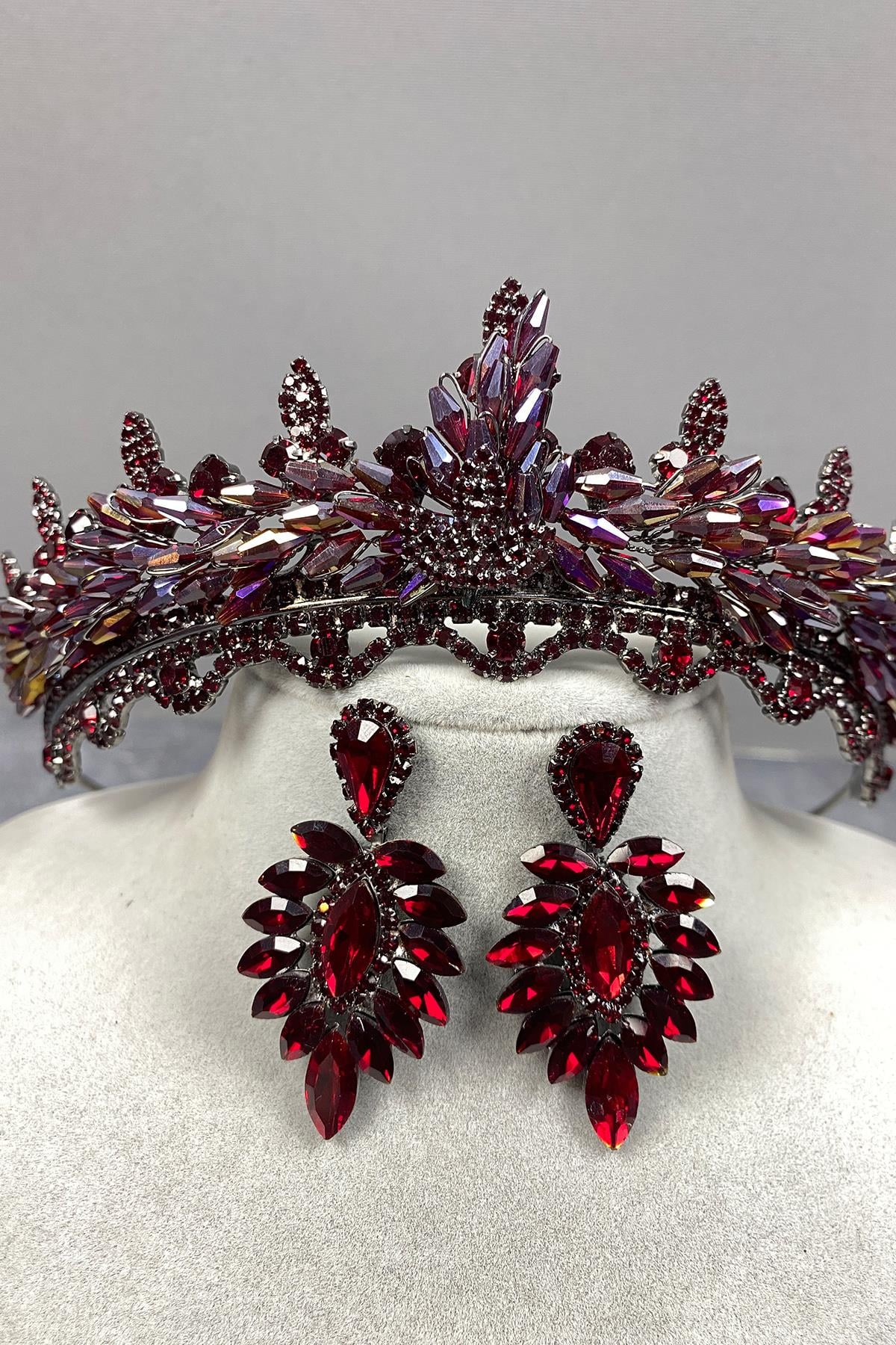 Colorful Burgundy Lena Crystal Bridal Henna Crown And Earring Set