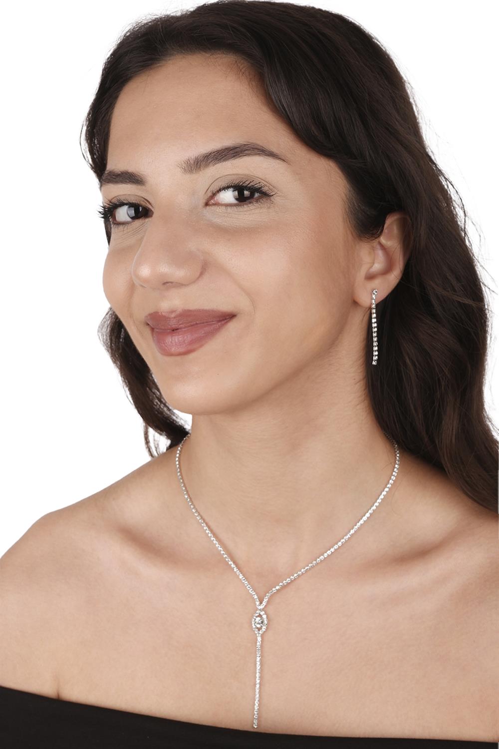 Rio Stylish Crystal Stone Evening Dress Necklace Earring Set and Thin Leaf Bridal Crown