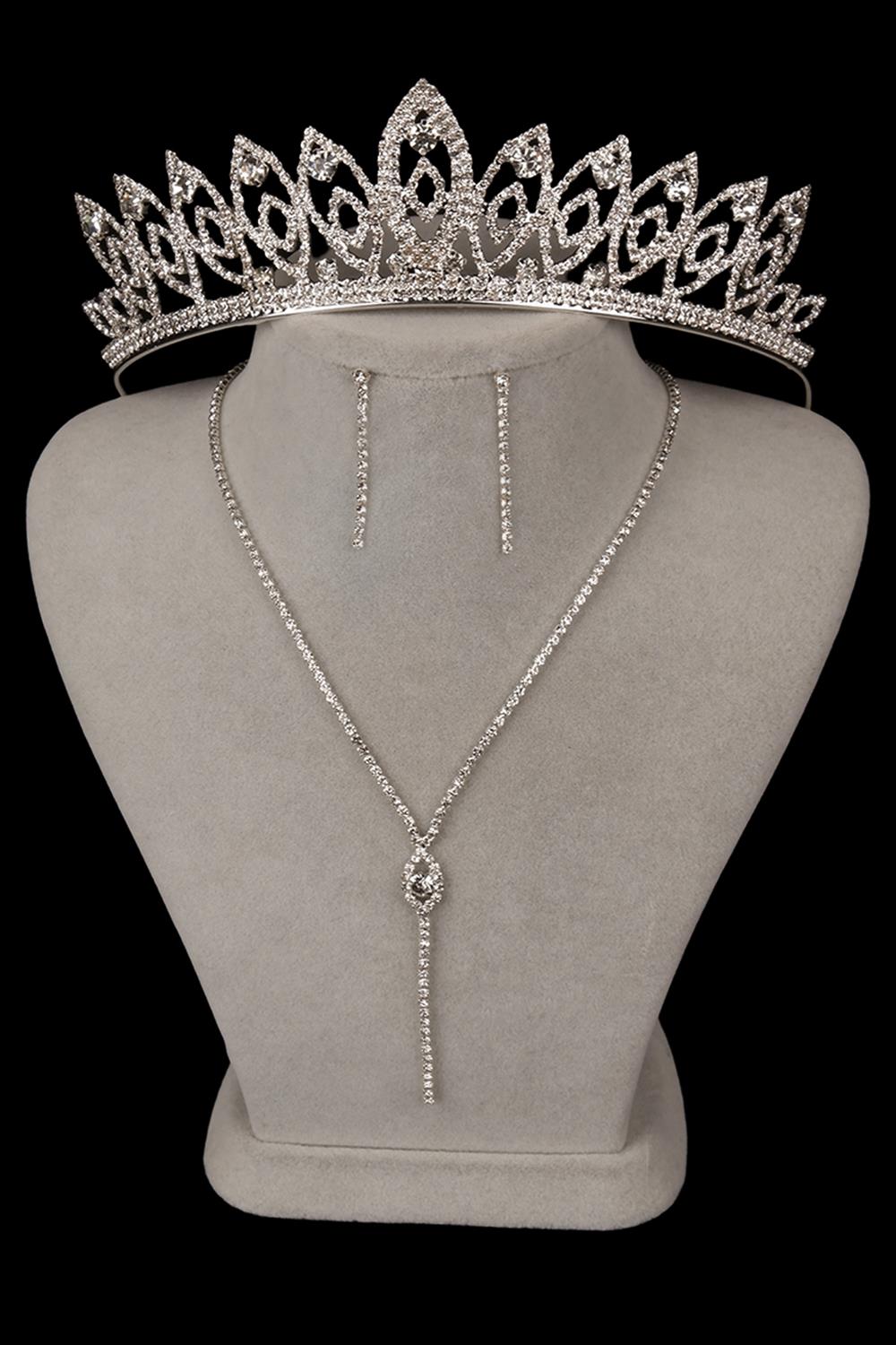 Rio Stylish Crystal Stone Evening Dress Necklace Earring Set and Thin Leaf Bridal Crown