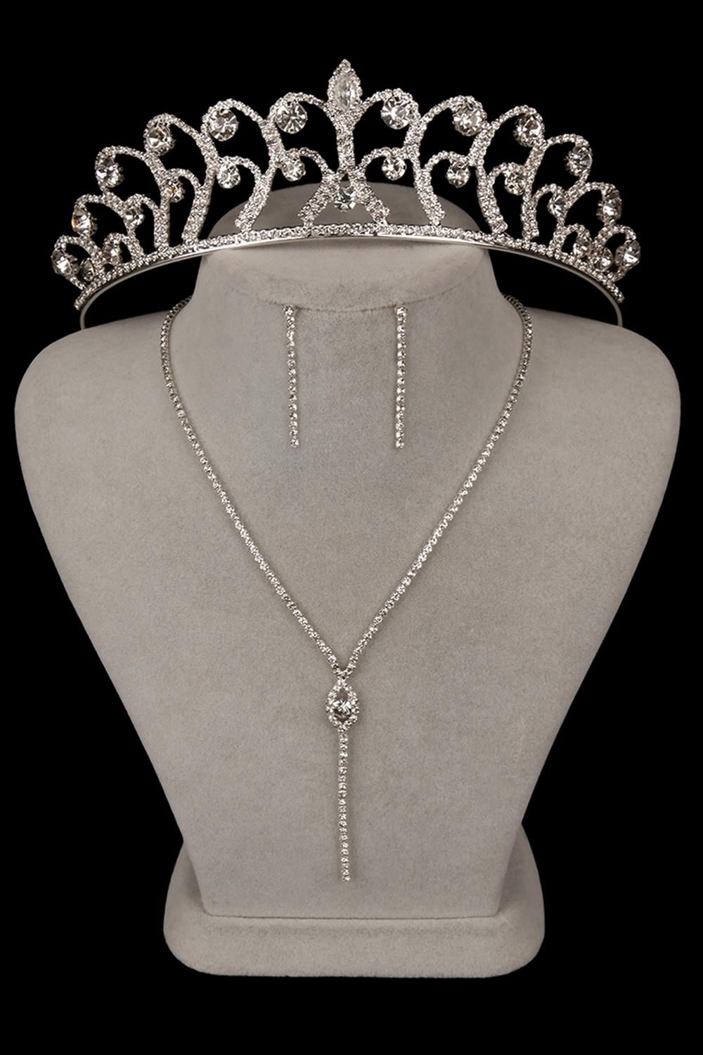 Rio Stylish Crystal Stone Evening Dress Necklace Earring Set and Rose Bridal Crown