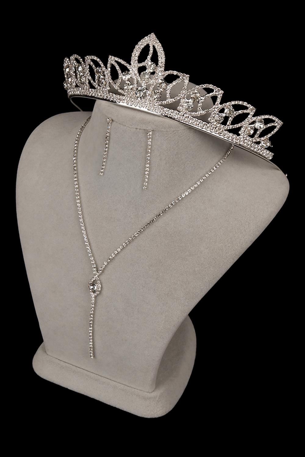 Rio Stylish Crystal Stone Evening Dress Necklace Earring Set and Leaf Bridal Crown