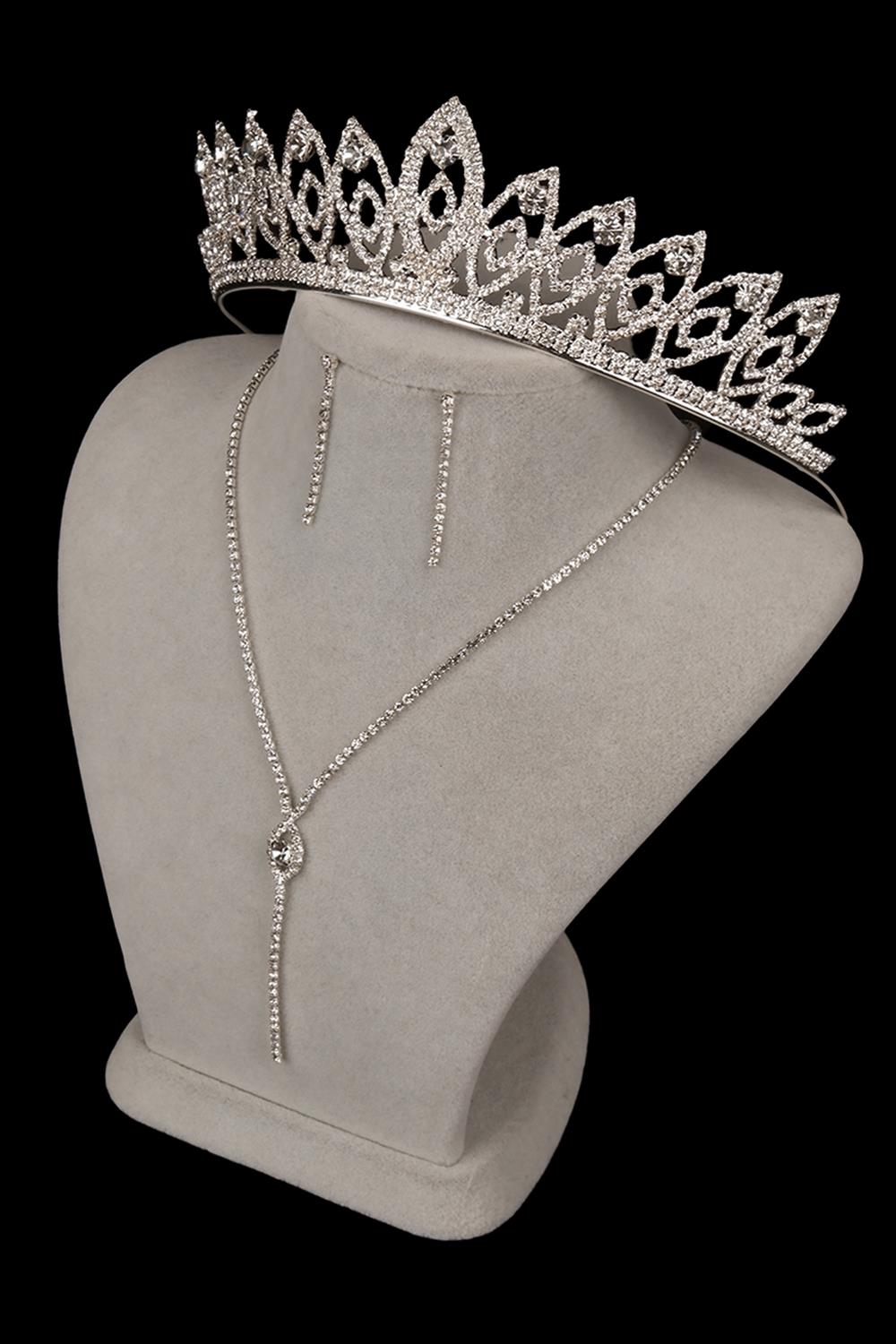 Rio Stylish Crystal Stone Evening Dress Necklace Earring Set and Thin Leaf Bridal Crown