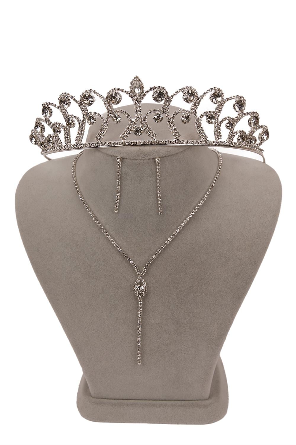 Rio Stylish Crystal Stone Evening Dress Necklace Earring Set and Rose Bridal Crown