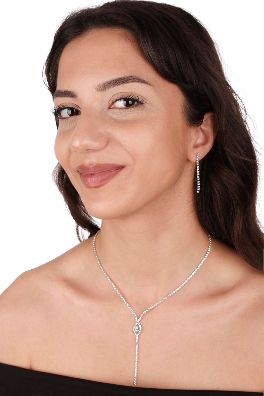 Rio Stylish Crystal Stone Evening Dress Necklace Earring Set and Rose Bridal Crown