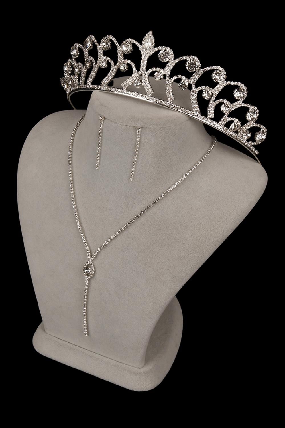 Rio Stylish Crystal Stone Evening Dress Necklace Earring Set and Rose Bridal Crown