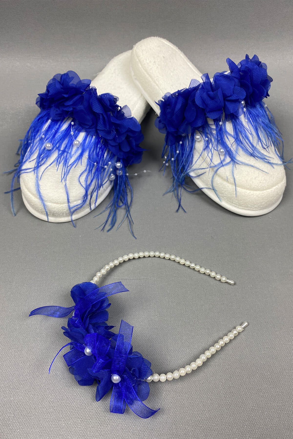 Sax Blue Laser Flowered Pearl Crown and Feathered Postpartum Slippers Set