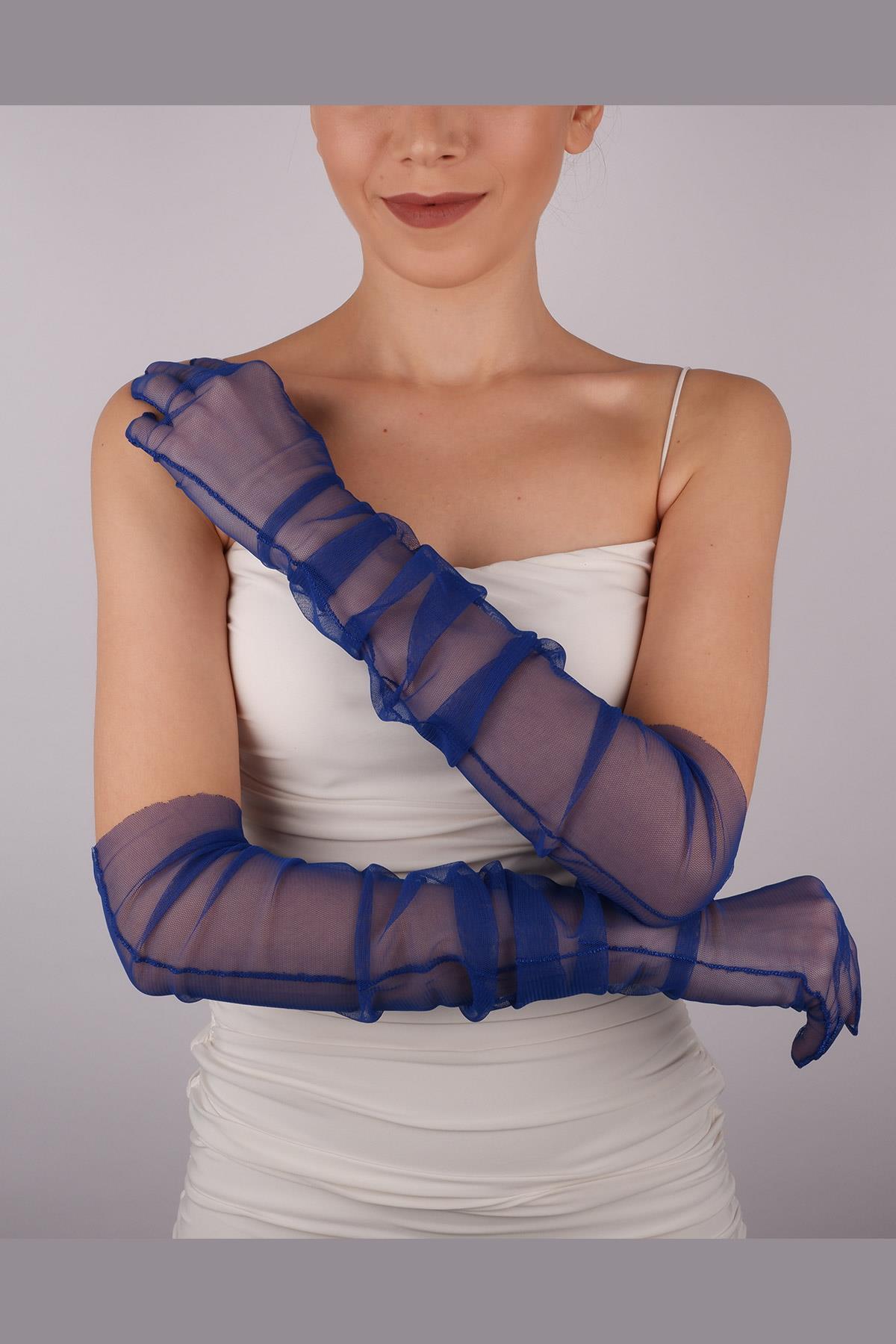 Toptan Saks Mavi Uzun Şık Gelin Eldiveni Tül Eldiven Nikah/Düğün/Parti/Kostüm Eldiveni