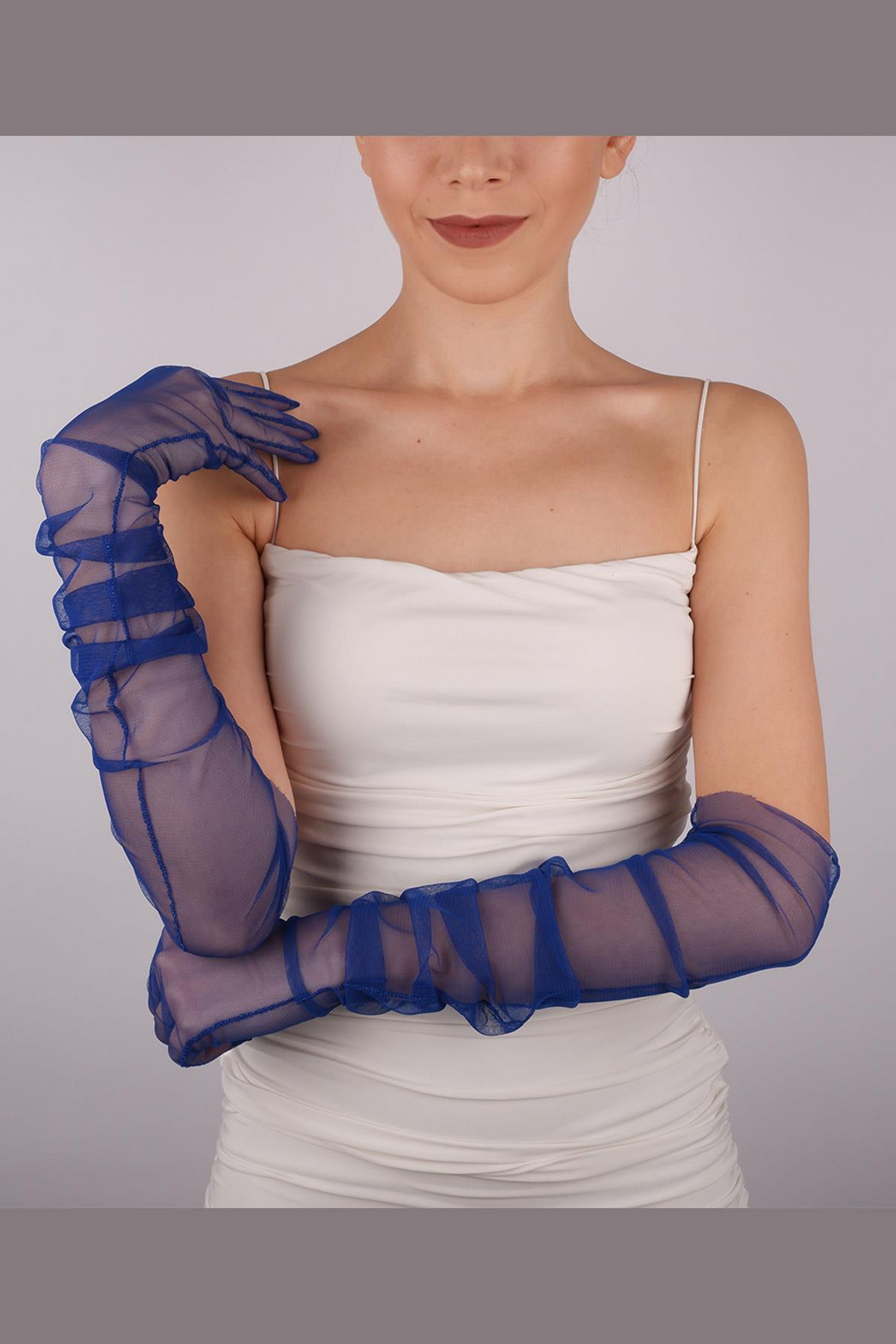 Toptan Saks Mavi Uzun Şık Gelin Eldiveni Tül Eldiven Nikah/Düğün/Parti/Kostüm Eldiveni