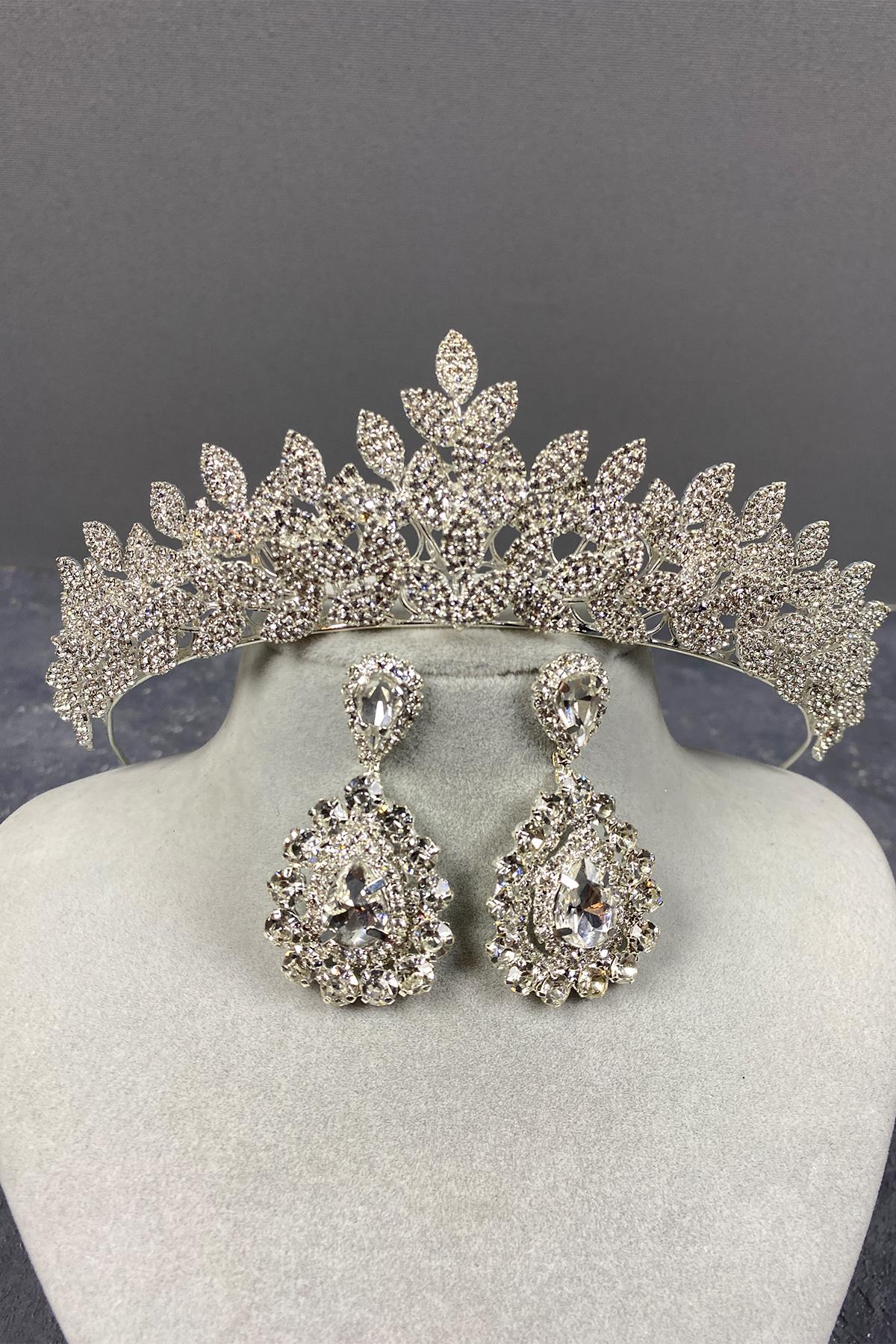 Sara Dense Stone Bridal Tiara and Earring