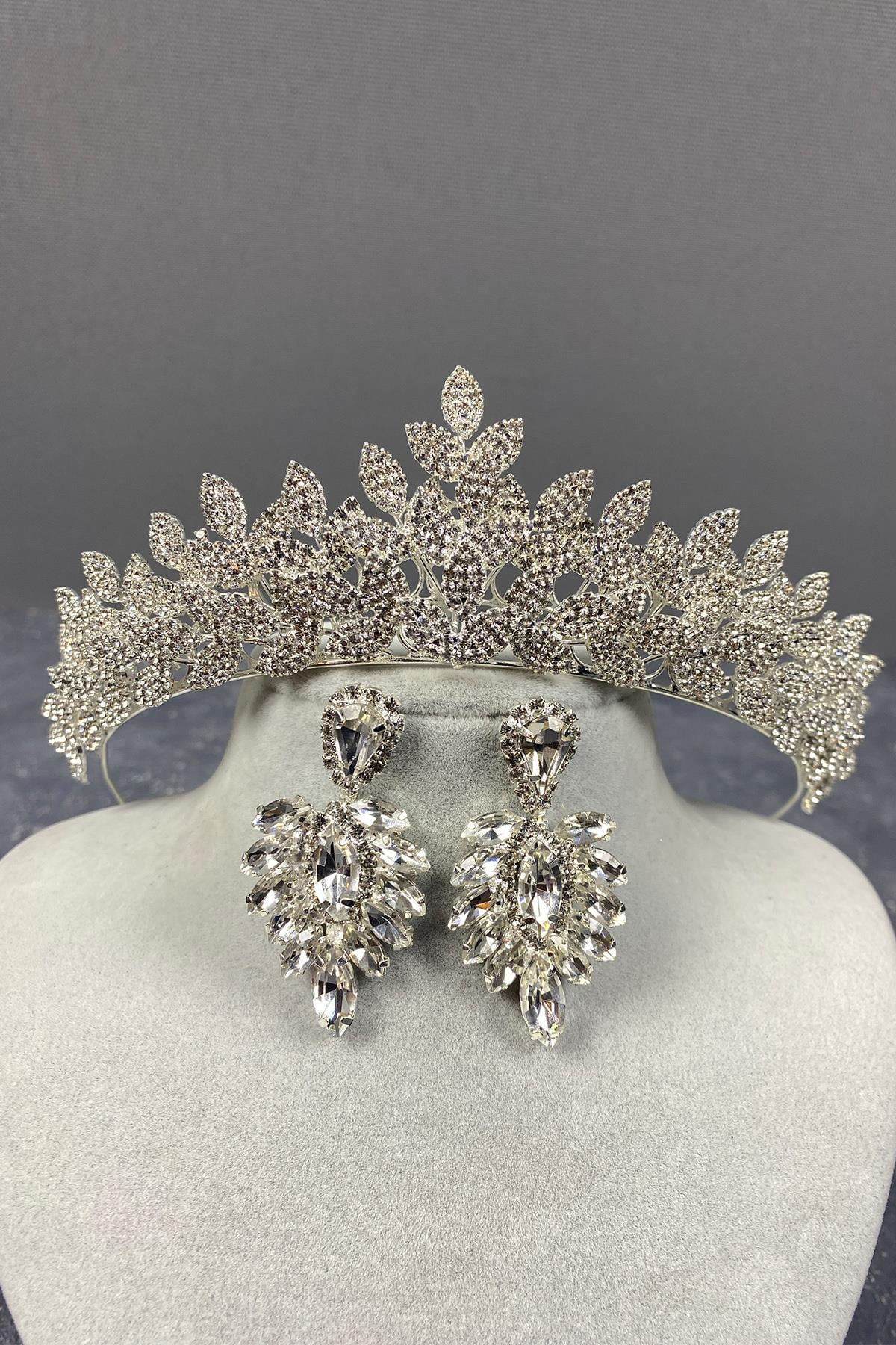 Sara Dense Stone Bridal Tiara and Earring