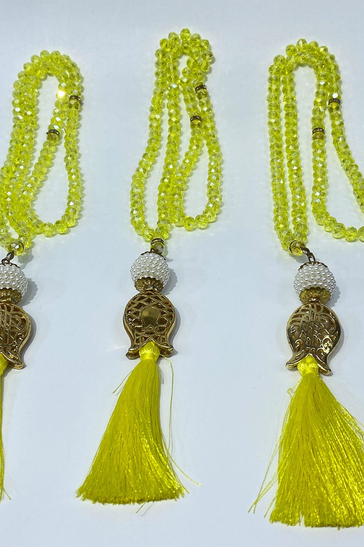 Sarı Hediyelik Laleli Püsküllü Kristal Boncuklu 99 Lu Namaz Tesbihi ( Mevlüt-sünnet-hac-umre)