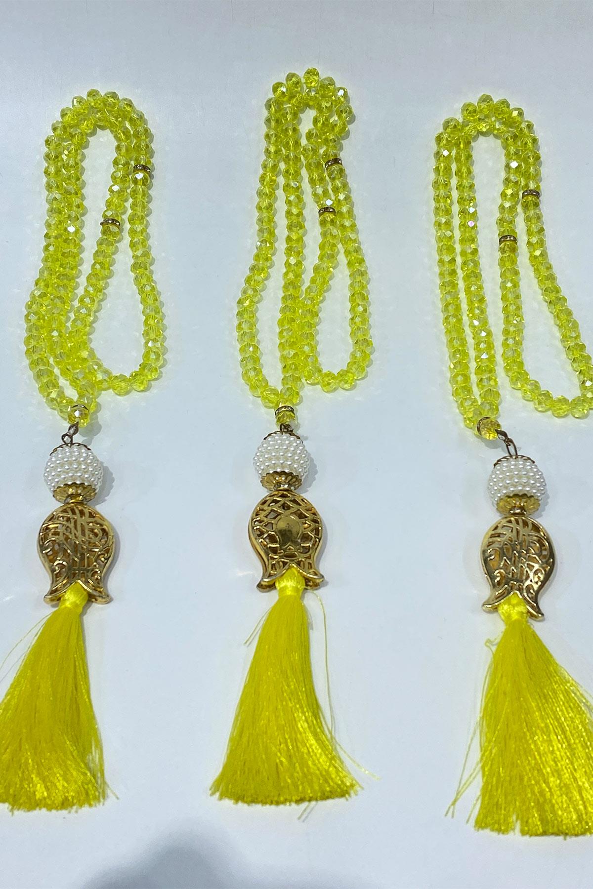 Sarı Hediyelik Laleli Püsküllü Kristal Boncuklu 99 Lu Namaz Tesbihi ( Mevlüt-sünnet-hac-umre)