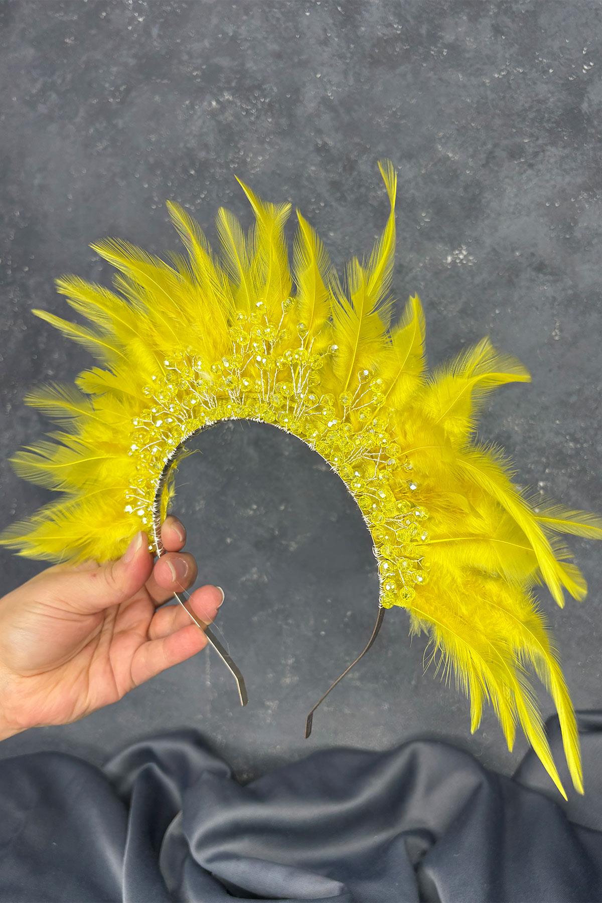 Arden Bridal Henna Tiara with Yellow Feathers and Crystal Beads