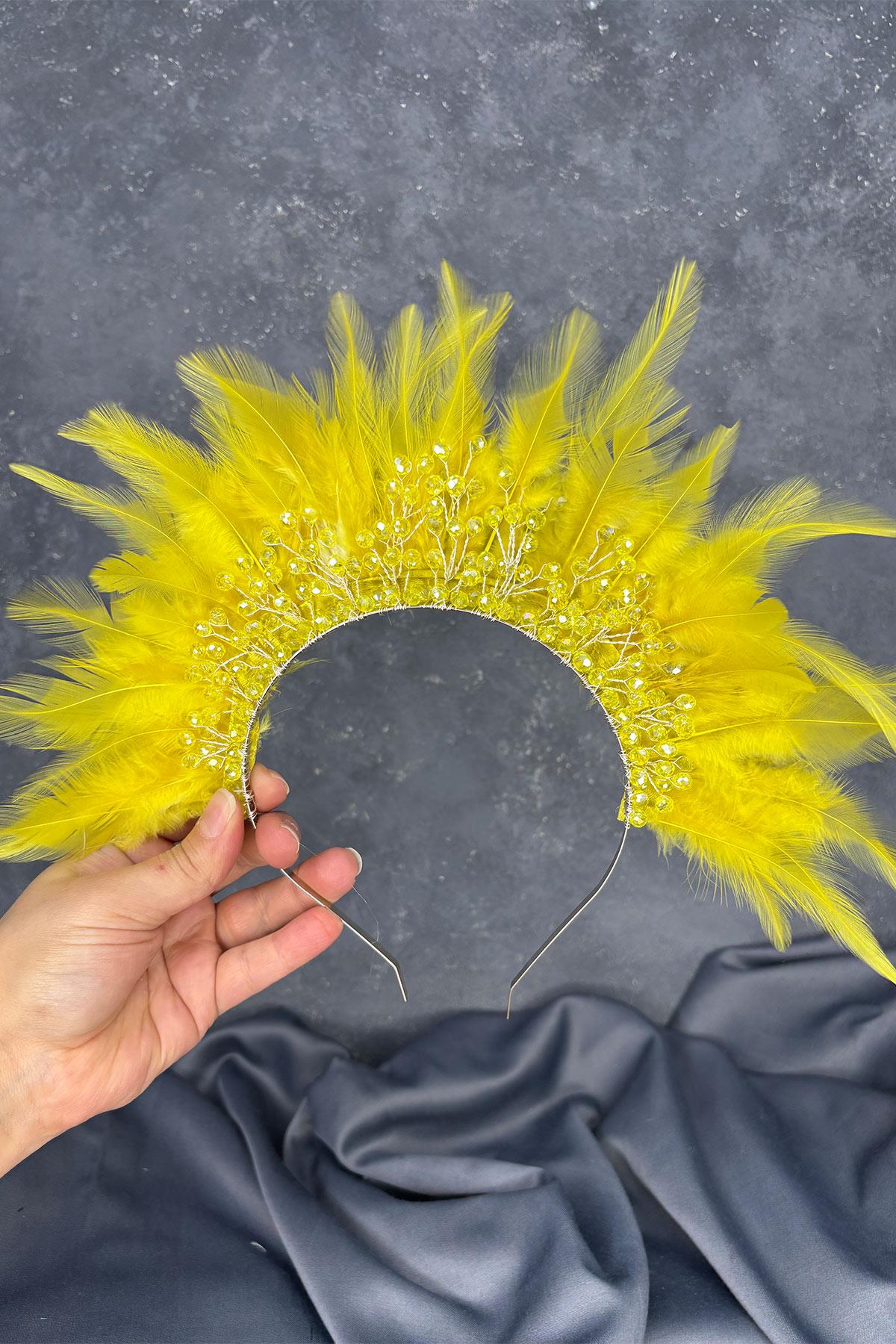 Arden Bridal Henna Tiara with Yellow Feathers and Crystal Beads