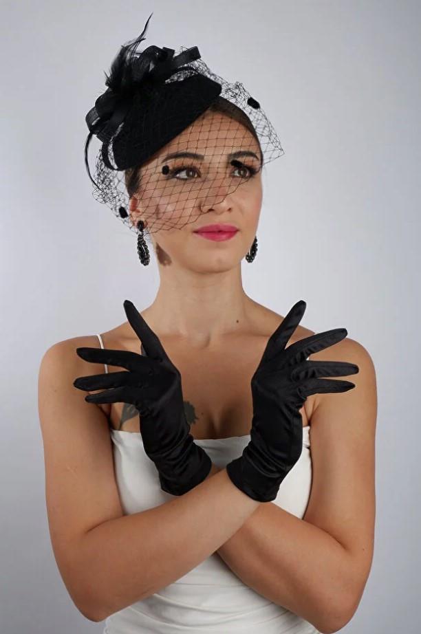 Satin Bridal Gloves Wedding Accessory Fascinator Hat Set