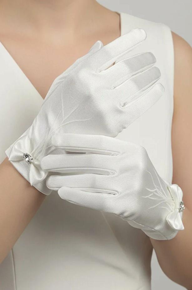 Satin Bridal Gloves - Short Wedding Gloves with Bow and Stone Details