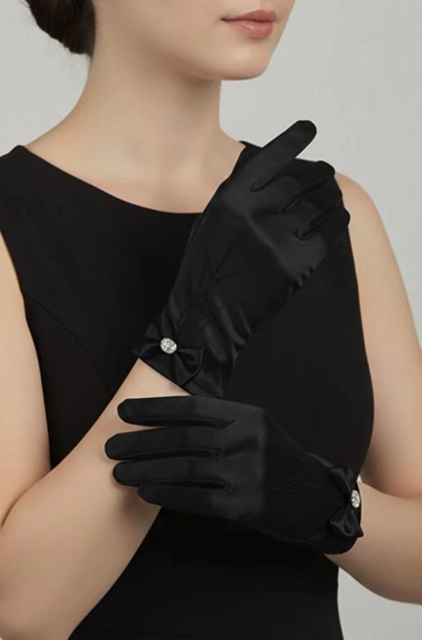 Satin Bridal Gloves - Short Wedding Gloves with Bow and Stone Details