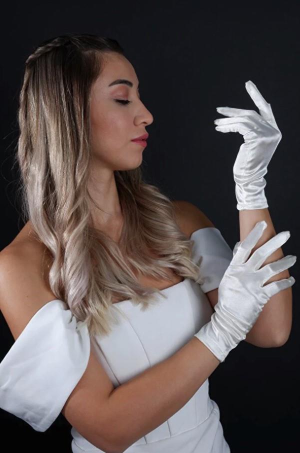 Saten Kısa Abiye Eldiven Opera 21 Cm Boy Nişan Düğün Balo Gece Elbisesi Şık Aksesuar