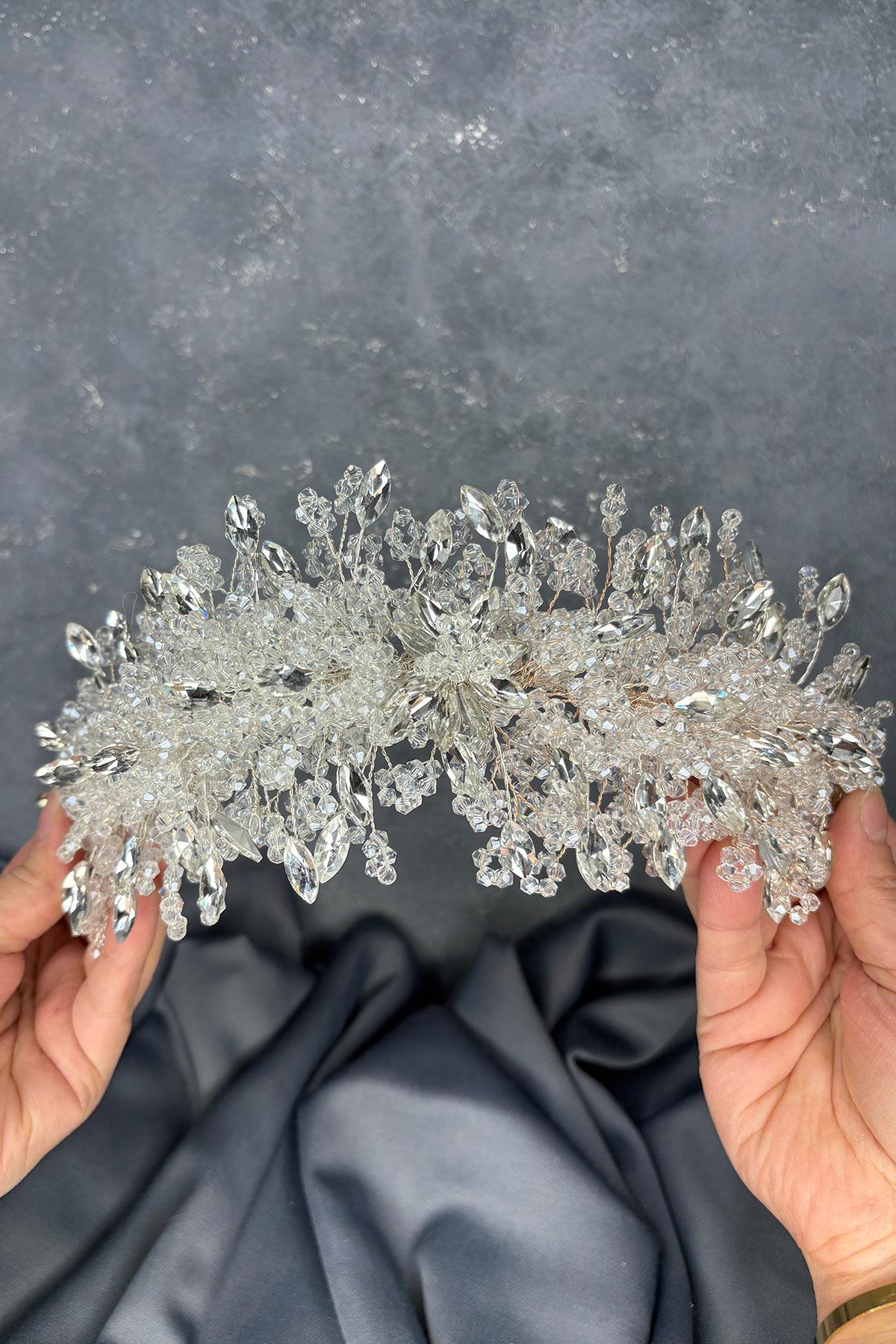 Transparent Silver Elena Bridal Tiara with Intense Beadwork, Hair and Turban Accessory